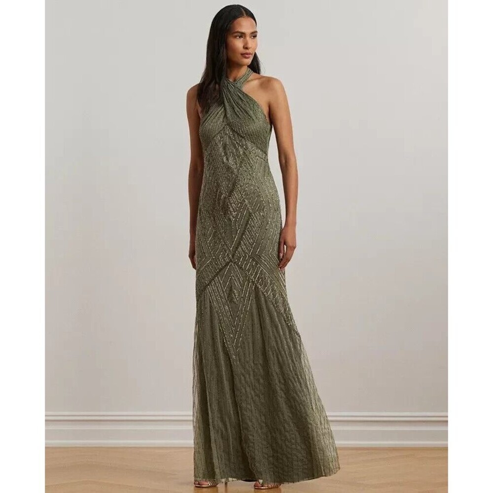Lauren Ralph Lauren Women's Beaded Mesh Sleeveless Halter Gown Olive Green 10